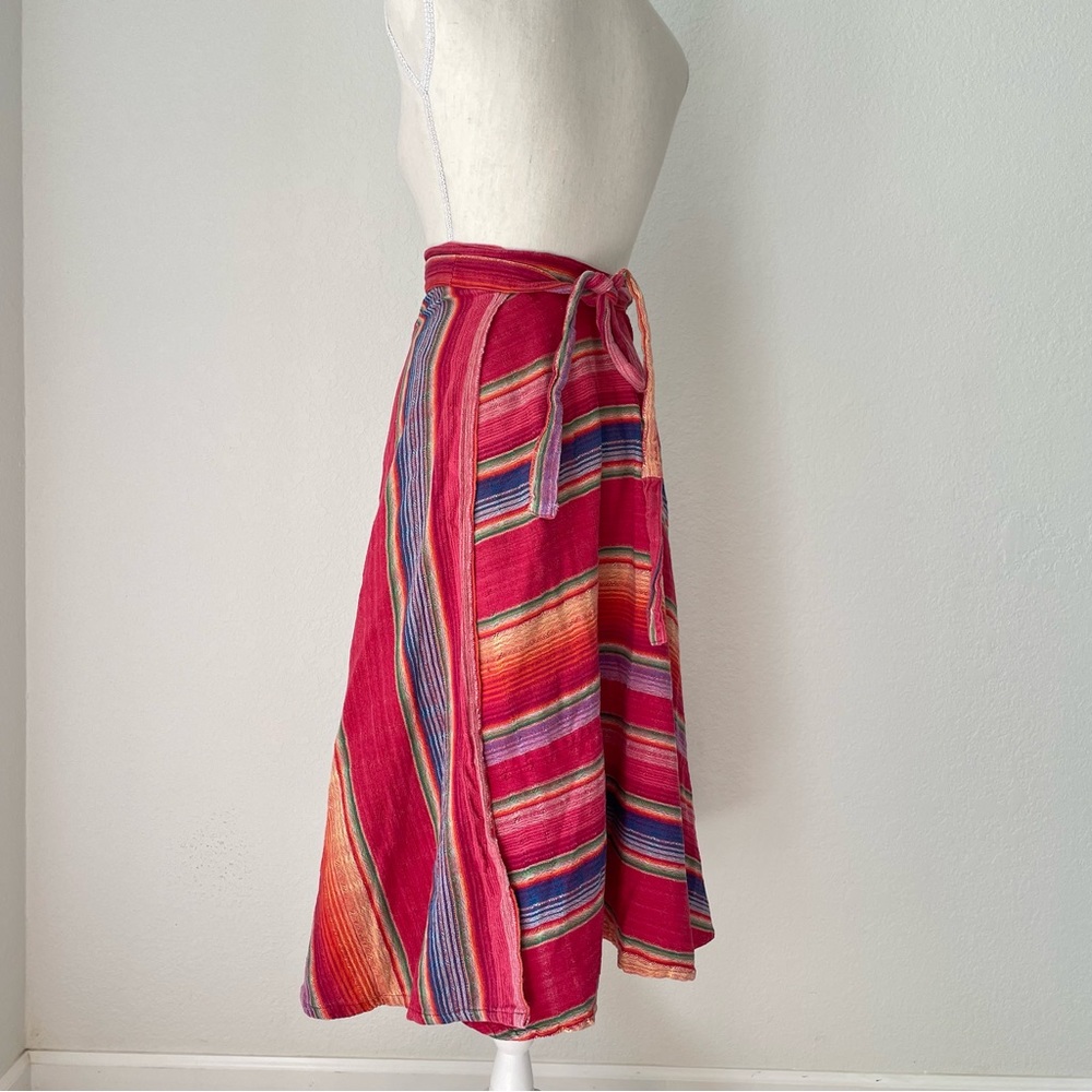 VINTAGE SARAPE COTTON WRAP SKIRT RAINBOW MULTICOLOR STRIPED MIDI - Picture 7 of 13